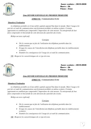 Première page de Français 3e, 3e ML — 2e devoir surveillé, 1er trimestre (2019-2020) · CPEG ROSAIRE
