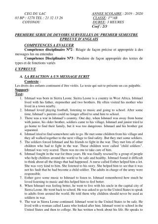 Première page de Anglais 1ère A2, 1ère B — 1er devoir surveillé, 1er semestre (2019-2020) · CEG du Lac