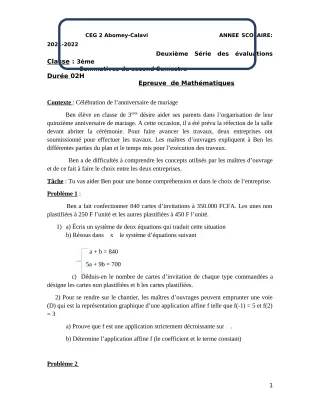 Première page de Mathématiques 3e — 2e évaluation sommative, 2e semestre (2021-2022) · CEG2 ABOMEY - CALAVI (CEG ZOCA)