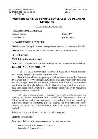 Première page de Anglais 4e — 1er devoir surveillé, 2e semestre (2020-2021) · CEG Kouhounou-Vêdoko