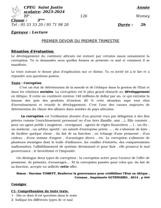 Première page de Français 3e, 1ère A2, 1ère B, 1ère C, 1ère D — 1er devoir surveillé, 1er trimestre (2023-2024) · CPEG SAINT Justin