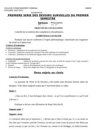 Première page de Philosophie 2nde B, 2nde D, 1ère A & B, 1ère A2, 1ère B, 1ère D, Tle A & B, Tle A1, Tle A2, Tle B, Tle D — 1er devoir surveillé, 1er semestre (2020-2021) · CEG SEGBOHOUE