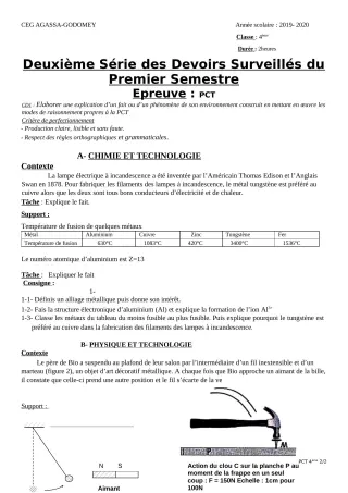 Première page de PCT 4e, 4e ML — 2e devoir surveillé, 1er semestre (2019-2020) · CEG Agassa Godomey