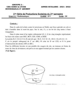 Première page de Mathématiques 3e — 1re production scolaire, 2e semestre (2021-2022) · CEG GOHO