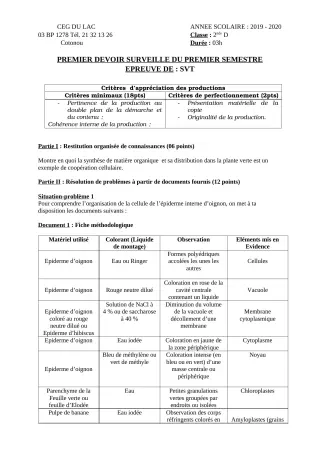 Première page de SVT 2nde D — 1er devoir surveillé, 1er semestre (2019-2020) · CEG du Lac