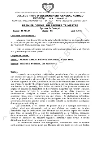 Première page de Français 6e, 5e, 4e, 4e ML, 3e, 3e ML, 2nde A, 2nde A1, 2nde A2, 2nde B, 2nde C, 2nde D, 1ère A, 1ère A1, 1ère A2, 1ère B, 1ère D, Tle A, Tle A1, Tle A2, Tle B, Tle C, Tle D — 1er devoir surveillé, 1e