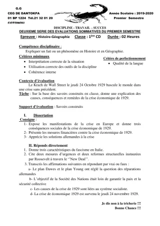 Première page de Histoire-Géographie 6e, 2nde A1, 2nde B, 1ère C, 1ère D — 2e évaluation sommative, 1er semestre (2019-2020) · CEG Dantokpa