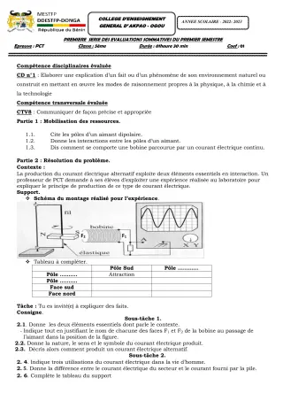 Première page de PCT 5e — 1re évaluation sommative, 1er semestre (2022-2023) · CEG Akpao-Ogou