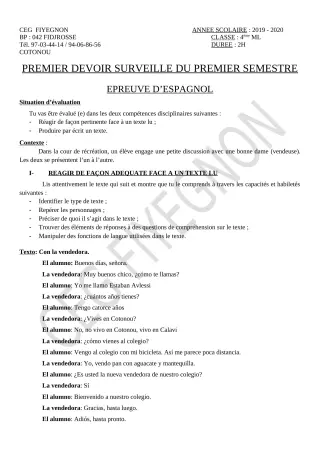 Première page de Espagnol 4e ML — 1er devoir surveillé, 1er semestre (2019-2020) · CEG FIYEGNON