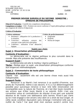 Première page de Philosophie 1ère A2, 1ère B — 1er devoir surveillé, 2e semestre (2020-2021) · CEG du Lac