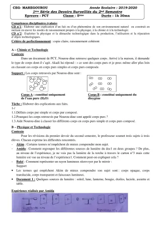 Première page de PCT 5e — 1er devoir surveillé, 2e semestre (2019-2020) · CEG MAREGOUROU