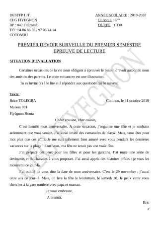 Première page de Français 6e — 1er devoir surveillé, 1er semestre (2019-2020) · CEG FIYEGNON