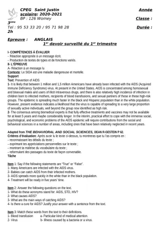 Première page de Anglais 3e, 3e ML — 1er devoir surveillé, 1er trimestre (2020-2021) · CPEG SAINT Justin