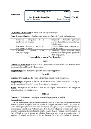 Première page de Philosophie 1ère A2, 1ère B — 1er devoir surveillé, 2e semestre (2018-2019) · CEG2 ABOMEY - CALAVI (CEG ZOCA)
