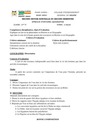 Première page de Histoire-Géographie 2nde D — 2e devoir surveillé, 2e semestre (2020-2021) · CEG SEKERE