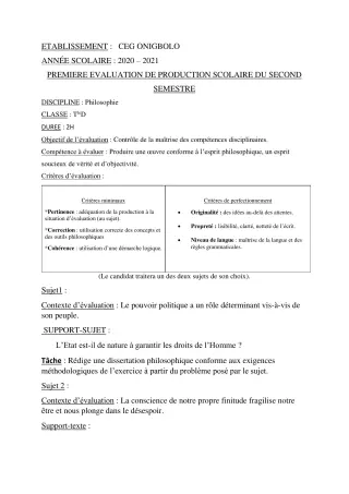 Première page de Philosophie Tle D — 1re production scolaire, 2e semestre (2020-2021) · CEG ONIGBOLO