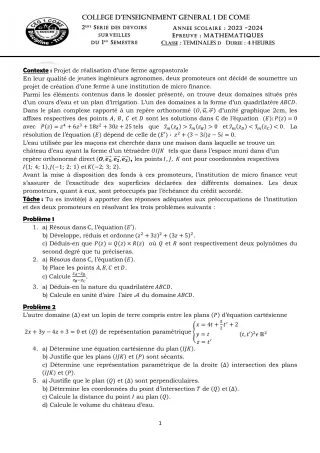 Première page de Mathématiques Tle D — Devoir surveillé, 1er semestre (2023-2024) · CEG 1 Comè