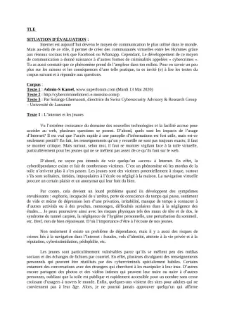 Première page de Devoir surveillé de FRANCAIS — Tle A1, Tle A2, Tle B, Tle C, Tle D — LMB (2020)