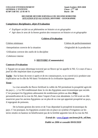 Première page de Histoire-Géographie 2nde A2, 2nde B — 2e devoir surveillé, 2e semestre (2019-2020) · CEG L'Entente