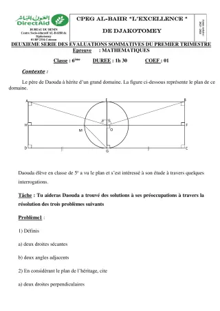 Première page de Mathématiques 6e, 5e — 2e évaluation sommative, 1er trimestre (2023-2024) · CPEG L'EXCELLENCE