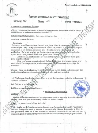 Première page de PCT 6e — Devoir surveillé, 3e trimestre (2020-2021) · CPEG ROSAIRE