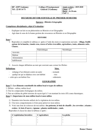 Première page de Histoire-Géographie 6e — 2e devoir surveillé, 1er semestre (2019-2020) · CEG2 Godomey