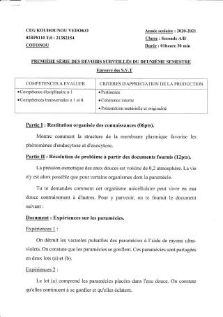 Première page de SVT 2nde A & B — 1er devoir surveillé, 2e semestre (2020-2021) · CEG Kouhounou-Vêdoko