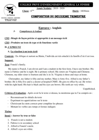 Première page de Anglais 6e — Composition, 2e trimestre (2019-2020) · CPEG La Finesse