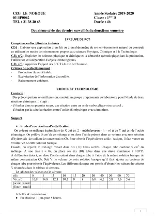 Première page de PCT 1ère D — 2e devoir surveillé, 2e semestre (2019-2020) · CEG LE NOKOUE