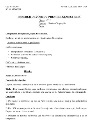 Première page de Histoire-Géographie 1ère D — 1er devoir surveillé, 1er semestre (2019-2020) · CEG Attogon