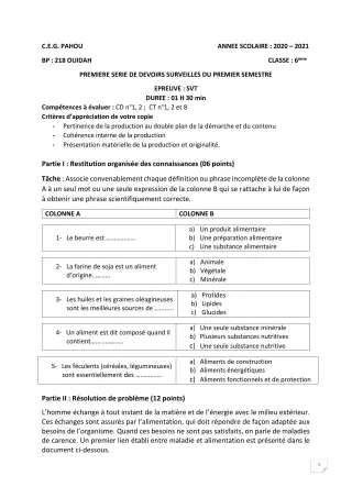 Première page de SVT 6e — 1er devoir surveillé, 1er semestre (2020-2021) · CEG PAHOU