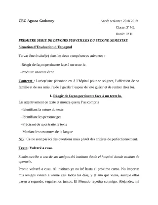 Première page de Espagnol 3e ML — 1er devoir surveillé, 2e semestre (2018-2019) · CEG Agassa Godomey