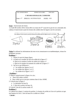 Première page de Mathématiques 6e — 1er devoir surveillé, 1er semestre (2018-2019) · CEG SONNOUMON