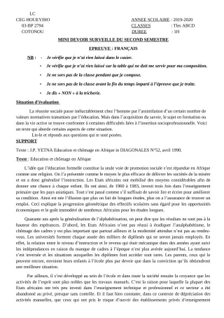 Première page de Français Tle A1, Tle A2, Tle B, Tle C, Tle D — 1er devoir surveillé, 2e semestre (2019-2020) · CEG HOUEYIHO
