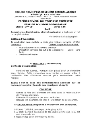 Première page de Histoire-Géographie 6e, 5e, 4e, 4e ML, 3e, 3e ML, 2nde A, 2nde A1, 2nde A2, 2nde B, 2nde C, 2nde D, 1ère A, 1ère A1, 1ère A2, 1ère B, 1ère D, Tle A, Tle A1, Tle A2, Tle B, Tle C, Tle D — 1er devoir su