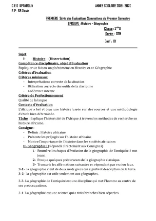 Première page de Histoire-Géographie 2nde D — 1re évaluation sommative, 1er semestre (2019-2020) · CEG Kpanroun