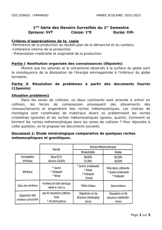 Première page de SVT 1ère D — 1er devoir surveillé, 1er semestre (2022-2023) · CEG ZONGO