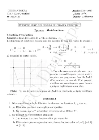 Première page de Mathématiques 2nde C — 2e devoir surveillé, 1er semestre (2019-2020) · CEG Dantokpa