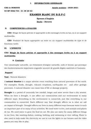 Première page de Examen Blanc de ANGLAIS — 3e, 3e ML — CEG LE NOKOUE (2020)