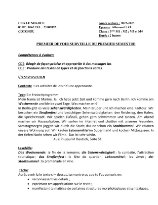 Première page de Allemand 3e — 1er devoir surveillé, 1er semestre (2022-2023) · CEG LE NOKOUE