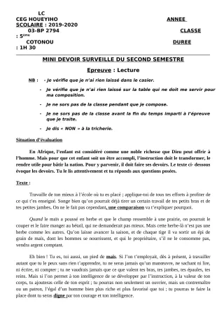 Première page de Français 5e — 1er devoir surveillé, 2e semestre (2019-2020) · CEG HOUEYIHO