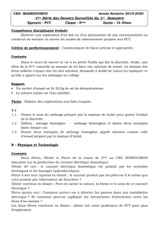 Première page de PCT 5e — 1er devoir surveillé, 1er semestre (2019-2020) · CEG MAREGOUROU