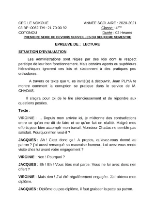 Première page de Histoire-Géographie 4e — 1er devoir surveillé, 2e semestre (2020-2021) · CEG LE NOKOUE