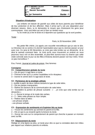 Première page de Français 6e — 1er devoir surveillé, 1er semestre (2018-2019) · CEG2 ABOMEY - CALAVI (CEG ZOCA)
