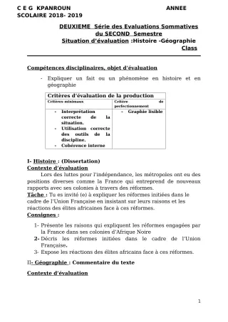 Première page de Histoire-Géographie Tle A2 — 2e évaluation sommative, 2e semestre (2018-2019) · CEG Kpanroun