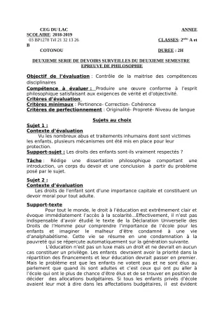 Première page de Philosophie 2nde A, 2nde B — 2e devoir surveillé, 2e semestre (2018-2019) · CEG du Lac