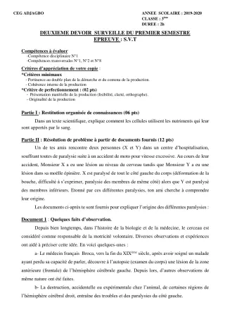 Première page de SVT 3e, 3e ML — 2e devoir surveillé, 1er semestre (2019-2020) · CEG ADJAGBO