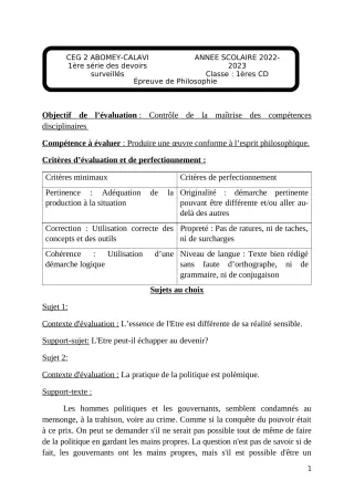 Première page de Philosophie 1ère D — 1er devoir surveillé, 1er semestre (2022-2023) · CEG2 ABOMEY - CALAVI (CEG ZOCA)