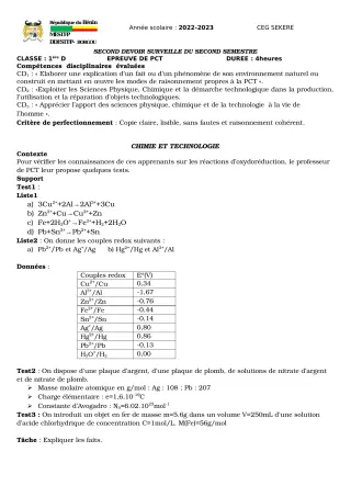Première page de PCT 1ère D — 2e devoir surveillé, 2e semestre (2022-2023) · CEG SEKERE