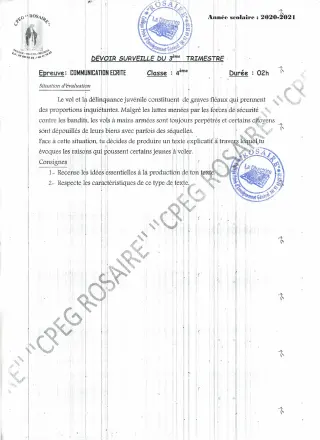 Première page de Français 4e — Devoir surveillé (2020-2021) · CPEG ROSAIRE